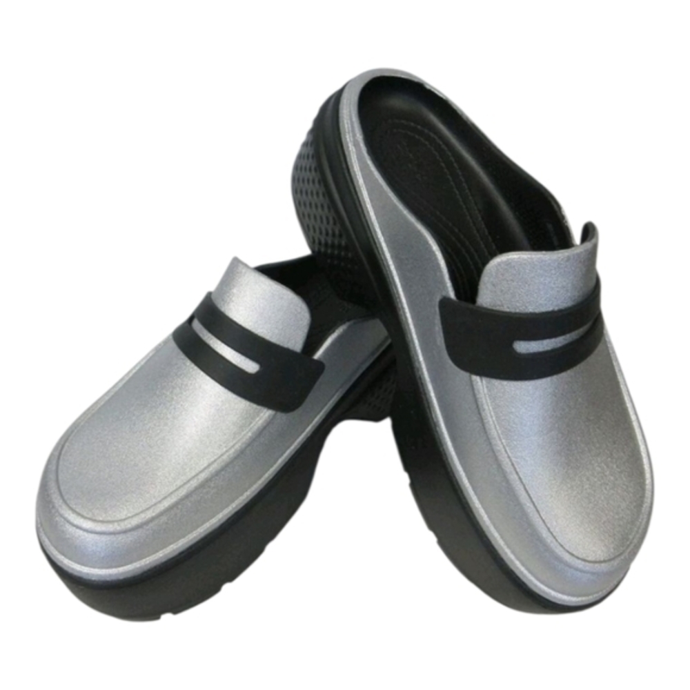 CROCS STOMP METALLIC LOAFER CRS210363 210363-01V SILVER BLACK 7 Mens 5 New